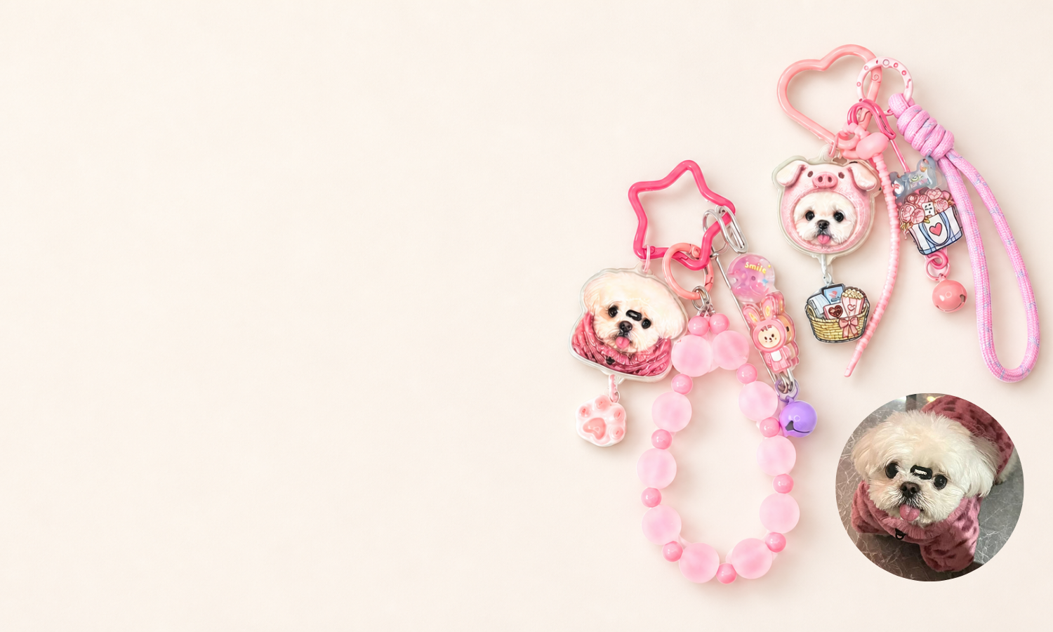 Personalized pet portrait keychain with optional add-ons