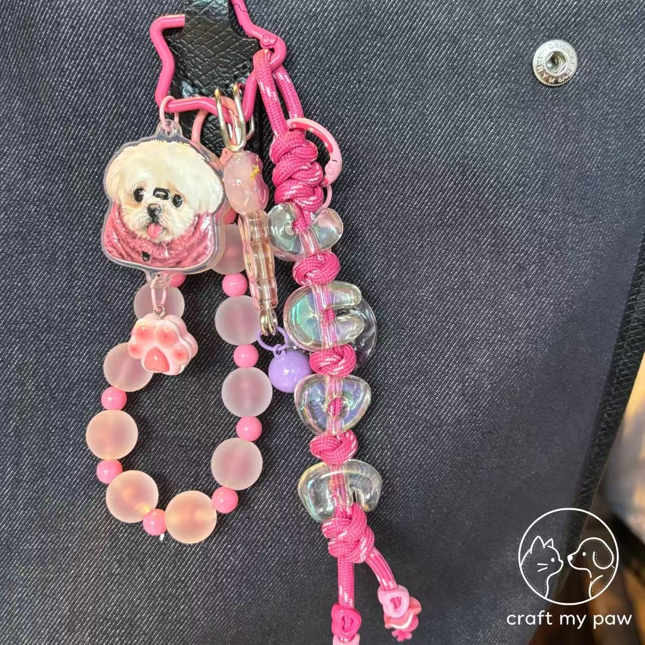 Custom 3D pet bag charm on a black denim bag